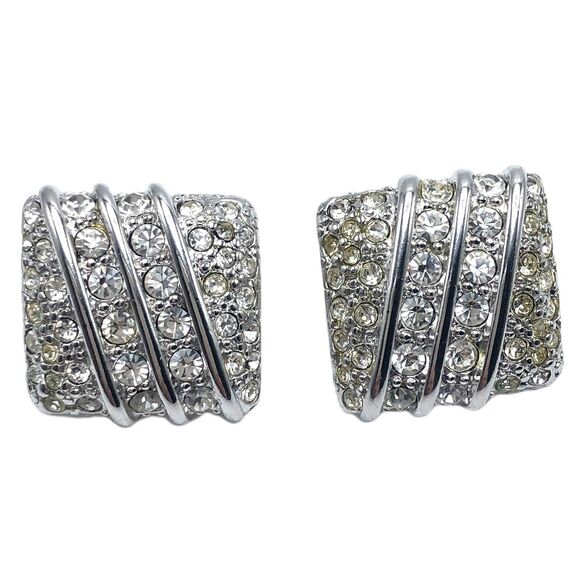 Vintage Rhinestone Costume Earrings Silver Monet Square Statement Fashion - Picture 1 of 3